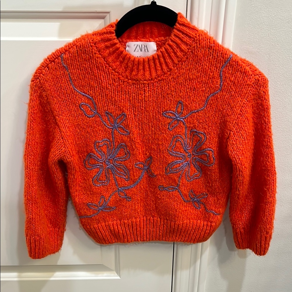 Zara kids Orange Sweater with Floral Embroidery. Size 6-7